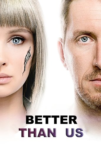 The poster features a striking contrast between two characters: a pale woman with a dramatic black scar and a rugged man with a beard, both looking intense. The bold text "BETTER THAN US" anchors the composition, suggesting a dramatic narrative about personal growth or transformation.