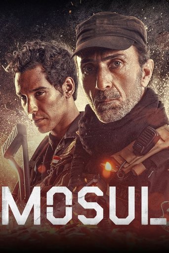 The poster features two men in tactical gear against a gritty, dark background. The man on the left has a concerned expression, while the man on the right wears a cap and looks determined. The title "MOSUL" is prominently displayed in bold white letters at the bottom. The overall mood is intense ...