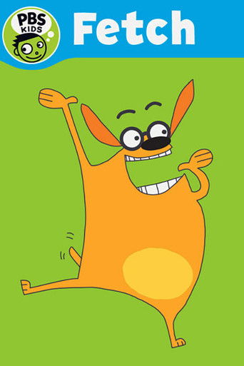 The vibrant green background features a cheerful orange monster with a wide grin, arms raised in excitement. The blue header displays the title "Fetch!" in bold white letters, accompanied by the PBS Kids logo. The playful mood is conveyed through the monster's animated pose and bright colors, inv...