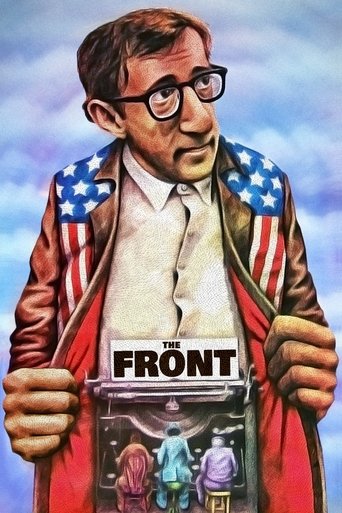 The Front poster features a man in a red coat with American flag patterns, holding a box labeled "THE FRONT." The box contains miniature figures of people in colorful outfits against a blue sky. The mood is whimsical and patriotic, suggesting a blend of humor and patriotism.