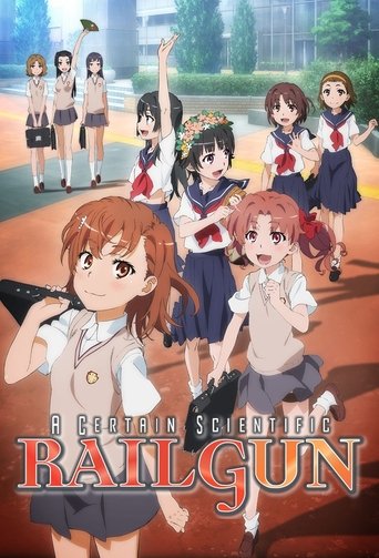 This anime poster features a vibrant scene with six young girls in school uniforms, exuding confidence and camaraderie. The warm orange and blue tones create a cheerful, energetic atmosphere, while the title "A Certain Scientific Railgun" is prominently displayed in bold, metallic lettering.