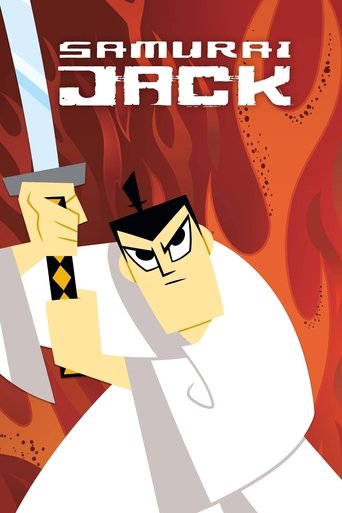 The poster features a stylized, blocky character with sharp features and intense eyes, holding a sword aloft against a fiery red background. The bold, jagged title "SAMURAI JACK" dominates the top, evoking a sense of adventure and action. The composition conveys a dynamic, heroic mood with dramat...