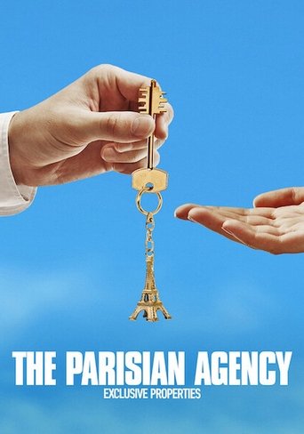 A pair of hands holds a golden Eiffel Tower key against a vibrant blue sky, suggesting a luxurious and exclusive property search. The bold white text at the bottom reinforces the show's focus on high-end real estate in Paris.