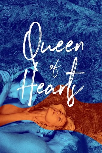 The poster features a woman lying on a bed of blue flowers, with the title "Queen of Hearts" elegantly written in white script. The warm orange hair contrasts with the cool blue tones, creating a visually striking and romantic atmosphere.