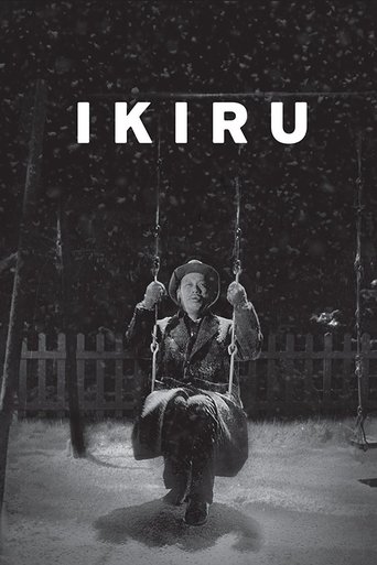 The black-and-white poster captures a lone figure sitting on a swing in a snowy, dark forest. The stark lighting and monochromatic palette evoke a sense of solitude and introspection. The title "IKIRU" stands out boldly against the snowy backdrop, hinting at themes of hope and new beginnings.