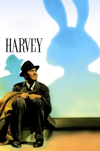 The poster features a man in a black suit and hat sitting on a bench, with a large blue rabbit silhouette in the background. The muted colors and shadowy atmosphere evoke a sense of mystery and nostalgia.