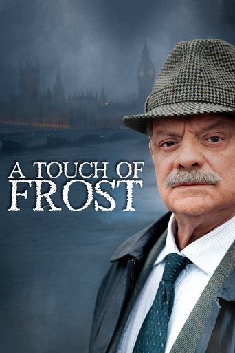 The poster features an elderly man in a tweed hat and suit, exuding mystery and intrigue. The muted blue and gray tones of the background suggest a cold, atmospheric setting, while the title "A Touch of Frost" hints at a story about frostbite or winter.