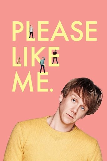 The poster features a young man in a yellow sweater against a soft pink background. The text "PLEASE LIKE ME." is written in large, bold yellow letters. Tiny figures of people are scattered around the text, adding a playful and whimsical touch to the design.