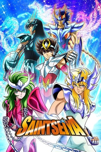 This vibrant poster showcases five Saint Seiya characters against a cosmic, starry background. The characters are depicted in their iconic armor, with dynamic poses and expressive faces. The rich colors of pink, blue, and gold create a magical, energetic atmosphere. The title "Saint Seiya" is pro...
