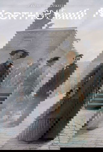 This poster depicts a historical scene from "North & South," featuring a man in a wide-brimmed hat and coat standing in the foreground, while another man in a dark suit stands behind him. The muted, sepia-toned palette evokes a sense of nostalgia and drama, with cobblestone streets and period clo...