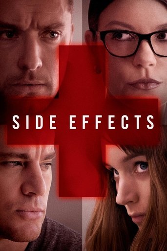 The poster features four characters with intense expressions against a stark red background, creating a dramatic and suspenseful atmosphere. The bold text "SIDE EFFECTS" anchors the composition, suggesting a thriller or drama with psychological depth.