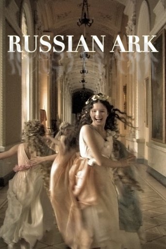 The poster features a group of women in flowing, pastel-colored dresses dancing in an ornate, golden corridor. The warm, golden lighting creates a dreamy, ethereal atmosphere, while the title "RUSSIAN ARK" is prominently displayed at the top.