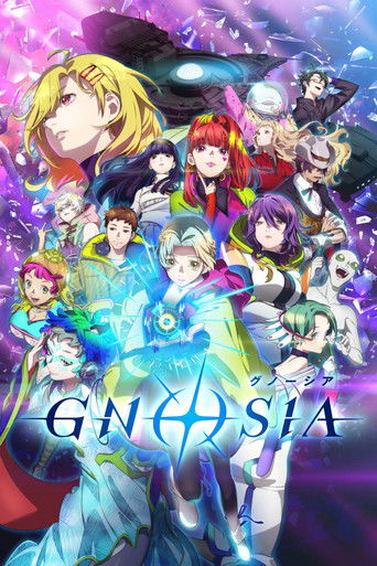 This vibrant poster showcases a dynamic ensemble of anime characters in a magical fantasy setting, with glowing blue and purple hues creating an ethereal atmosphere. The characters are depicted in various poses, suggesting action and adventure, while the title "GNOSIA" is prominently displayed in...