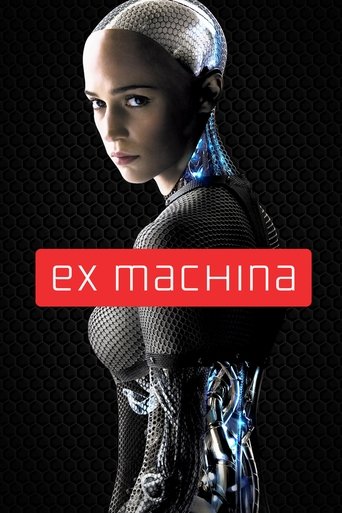 The poster features a sleek, cybernetically enhanced woman with a futuristic design, set against a dark, textured background. The red "ex machina" text stands out prominently, evoking a sense of mystery and intrigue. The overall mood is mysterious and intriguing, hinting at a sci-fi narrative.