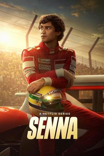 The poster features a muscular man in a red racing suit, holding a yellow and green helmet, set against a vibrant stadium backdrop. The warm golden lighting enhances the dramatic atmosphere, while the bold title "SENNA" anchors the composition.