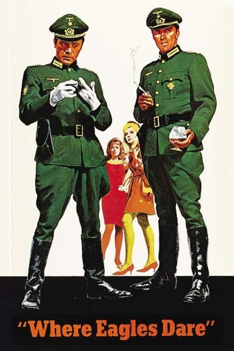 This movie poster features two soldiers in green uniforms holding rifles, with a blonde woman in a red dress standing between them. The vibrant green color scheme and military attire create a serious, dramatic mood. The title "Where Eagles Dare" is prominently displayed at the bottom.