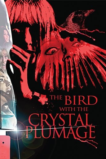 The poster features a hauntingly beautiful image of a woman with long, flowing hair against a dark background, her face partially obscured by red feathers. The title "The Bird with the Crystal Plumage" is prominently displayed in bold, red text, evoking a sense of mystery and intrigue. The overal...