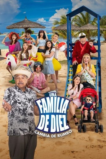 The poster features a vibrant beach scene with ten diverse family members posing joyfully. Bright colors like reds, blues, and yellows create a lively atmosphere, while the sandy beach and palm trees add to the tropical vibe. The title "Una familia de diez" is prominently displayed in bold, playf...
