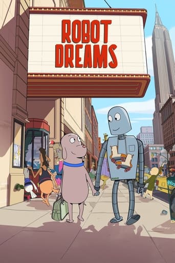 The poster features a whimsical street scene with a pink robot and a blue robot walking together, surrounded by colorful pedestrians. The vibrant red "ROBOT DREAMS" sign adds a playful touch, while the sunny, cartoonish atmosphere evokes a cheerful, dreamlike mood.