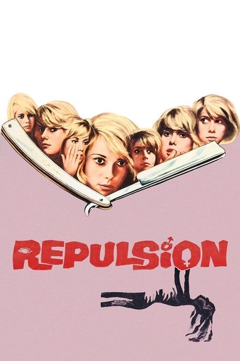 The poster features a group of blonde women with determined expressions, forming a heart shape behind a large knife. The title "REPULSION" is boldly displayed in red against a soft pink background, evoking a sense of danger and intrigue. The overall design suggests a thriller or horror movie with...