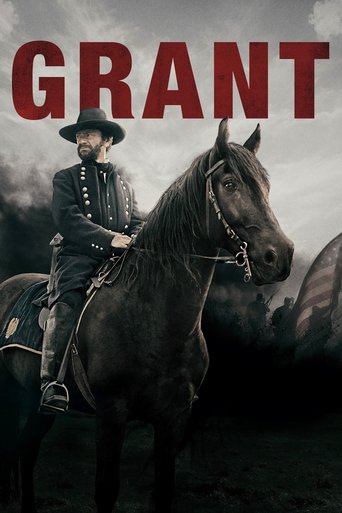The poster features a lone cowboy in a dark coat and hat riding a sleek black horse against a moody, overcast sky. The bold red text "GRANT" dominates the top, evoking a sense of mystery and adventure. The dark, shadowy background enhances the dramatic and suspenseful mood of the show.