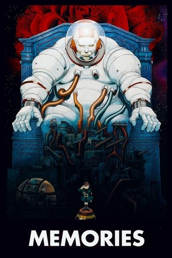 The poster features a colossal, white, humanoid figure with glowing orange veins, seated in a throne-like structure against a dramatic red backdrop. Below, a small, dark figure sits on a pedestal, creating a stark contrast. The dark blue and black tones evoke a mysterious, gothic atmosphere, whil...