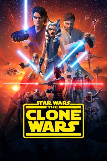 This vibrant poster showcases a dynamic scene from "Star Wars: The Clone Wars" featuring iconic characters wielding their lightsabers against a fiery backdrop. The intense colors of red, orange, and blue create an energetic atmosphere, while the bold yellow title stands out prominently.