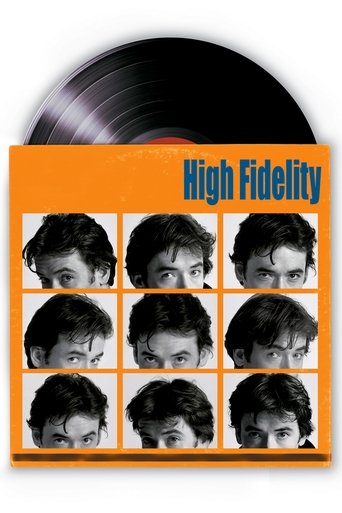 The poster features a collage of black-and-white portraits of young men, evoking a sense of youthful energy and introspection. The vibrant orange background contrasts sharply with the monochrome images, creating a striking visual impact. The title "High Fidelity" is prominently displayed in bold ...