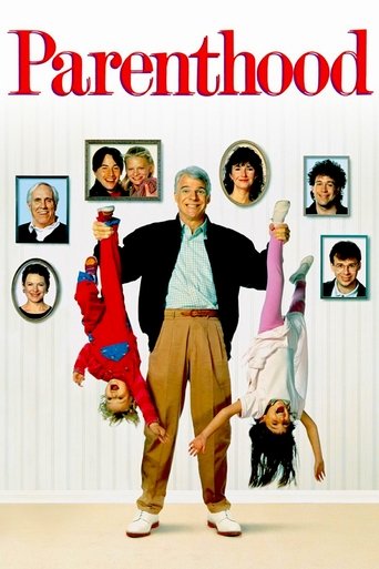 This vibrant poster features a central couple surrounded by family portraits, capturing the warmth and humor of parenthood. The playful red and white color scheme, along with the dynamic poses of the characters, evoke a lighthearted and affectionate mood.