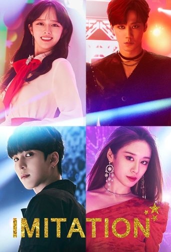 The poster features four individuals in vibrant, colorful scenes—pink, purple, and blue hues—suggesting a lively, energetic atmosphere. The title "IMITATION" is prominently displayed in bold, golden letters at the bottom, hinting at a comedic or satirical theme. The overall mood is playful and vi...