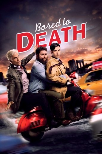 The poster features three men riding a red motorcycle, with one man gesturing dramatically. The background shows a sunset with a yellow car and a red vehicle, creating a dynamic and adventurous mood. The title "Bored to Death" is prominently displayed in bold red letters, emphasizing the comedic ...
