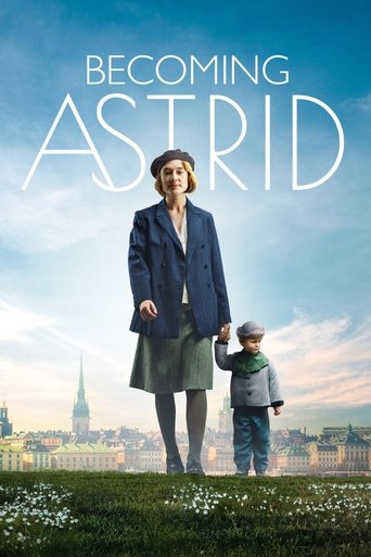 The poster features a mother and child standing on a grassy hill overlooking a cityscape. The warm sunset hues blend with the soft blue sky, creating a nostalgic and hopeful atmosphere. The title "Becoming Astrid" is elegantly displayed in white, emphasizing the film's emotional journey.