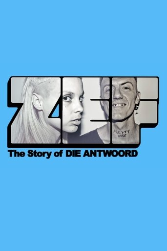 The poster features a stylized "ZEF" logo with three individuals' faces integrated into the design, set against a vibrant blue background. The mood is mysterious and intriguing, with the monochrome faces adding depth and intrigue. The title "The Story of Die Antwoord" hints at a compelling narrat...