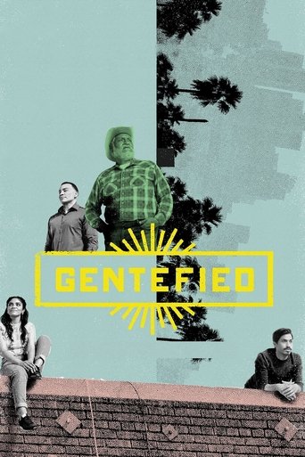 The poster features a split composition with a man in a green plaid shirt standing against a palm tree backdrop on the right, while a man in a suit sits on a brick wall on the left. The title "GENTEFIED" is prominently displayed in yellow text with a sunburst design, evoking a sense of mystery an...
