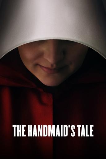 The poster features a young girl with a serene, almost serene expression, partially hidden by a white hood. She wears a rich red garment, creating a striking contrast against the dark background. The title "The Handmaid's Tale" is prominently displayed in bold white letters at the bottom, evoking...