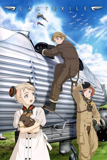 The poster features a dramatic scene with a young man in a brown uniform climbing a silver airplane, while a blonde woman in a white dress stands beside him, holding a small child. A soldier in tan uniform watches from below. The sky is bright blue with clouds, and the overall mood is adventurous...