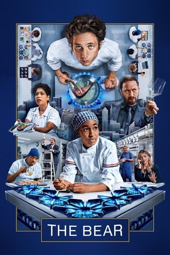 The poster features a chaotic collage of characters in white chef uniforms against a dark blue background. A central figure with a chef's hat looks intense, surrounded by smaller images of food and kitchen scenes. The mood is humorous and surreal, with vibrant blues and warm tones creating a visu...