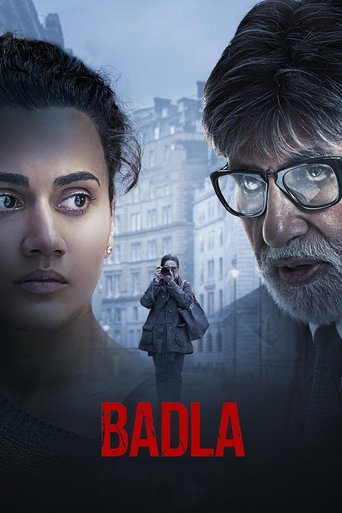 The poster features a woman with a concerned expression and a man with glasses in the foreground, while a figure stands in the background against a moody, gray urban backdrop. The title "BADLA" is prominently displayed in bold red letters, evoking a sense of mystery and intrigue.