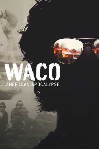 The poster features a silhouetted figure wearing sunglasses that reflect a chaotic scene of burning buildings and debris, evoking a sense of impending doom and destruction. The muted, desaturated tones of the image convey a somber and ominous mood, while the stark white text "WACO" anchors the co...