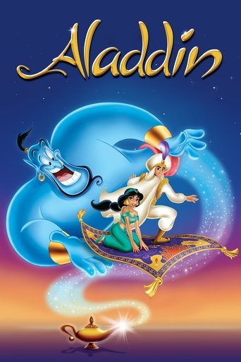 This vibrant poster features Aladdin riding a golden dragon atop a blue moon, with Jasmine and Abu in the background. The warm sunset hues and playful characters evoke a whimsical, joyful mood.