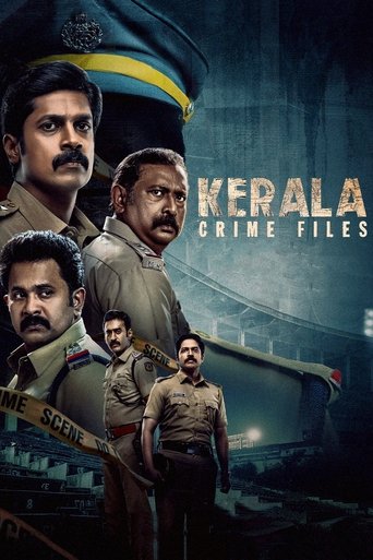 The poster features four men in military-style uniforms against a dark, moody backdrop with a train silhouette. The muted tones of browns, greys, and blacks create a serious, suspenseful atmosphere. The title "Kerala Crime Files" is prominently displayed in bold, metallic lettering.