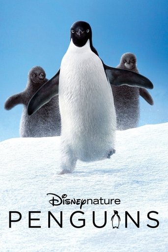 A Disneypenguin poster features three penguins on a snowy mountain, with one leading and two following. The vibrant blue sky contrasts with the white snow, creating a serene and adventurous mood.