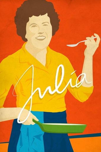 The poster features a cheerful Julia in a yellow shirt and blue apron, holding a green pan and spoon. She exudes warmth and joy against a vibrant orange background, capturing the essence of her culinary adventures.