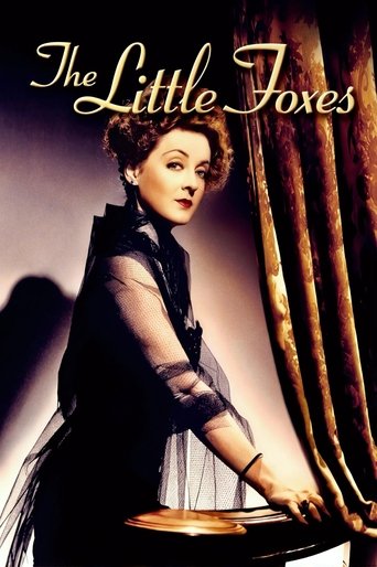 The Little Foxes poster features a glamorous woman in a black dress, exuding elegance against a backdrop of rich, warm curtains. The warm, golden lighting enhances the luxurious and mysterious atmosphere, while the title "The Little Foxes" is elegantly written in a cursive font.