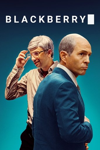 The poster features two men in a vibrant blue gradient background, with one man in a beige shirt and glasses looking thoughtful, while the other in a blue suit appears serious. The bold "BLACKBERRY" text at the top sets a modern, tech-focused tone, evoking a blend of nostalgia and contemporary di...