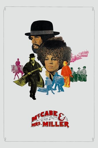This vintage movie poster features a collage of characters in a stylized, colorful composition. The man in the bowler hat dominates the top, while the woman with curly hair appears in the center. Surrounding them are smaller figures in vibrant hues—pink, blue, and red—suggesting a lively, nostalg...
