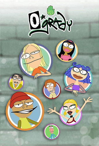The poster features vibrant, colorful characters from "O'Grady" in circular frames against a textured gray background. The mood is playful and energetic, capturing the show's lively spirit with its bright hues and dynamic poses.