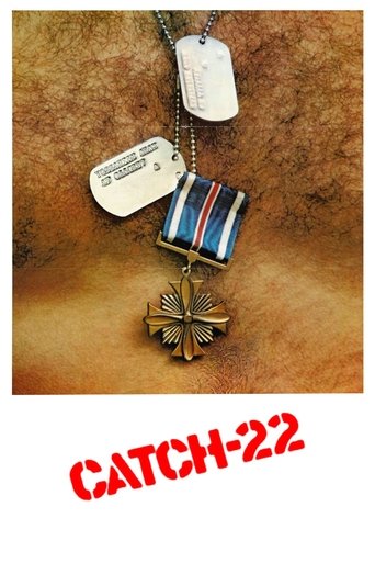 The poster features a man in a military uniform with a medal, surrounded by other medals and a dog tag. The warm, earthy tones and the red "CATCH-22" text create a gritty, intense atmosphere.