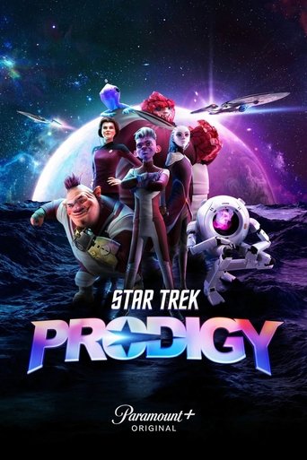 The poster features a group of Star Trek characters in futuristic spacesuits against a vibrant cosmic backdrop. The characters exude excitement and adventure, with dynamic poses suggesting action and exploration. The color palette is rich with deep purples, blues, and electric yellows, creating a...