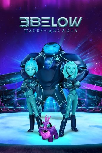 The poster features a futuristic scene with two young women in teal outfits standing before a large, armored figure. The background is a vibrant purple and blue gradient, suggesting a sci-fi setting. A small pink creature sits at the bottom, adding a whimsical touch. The overall mood is mysteriou...